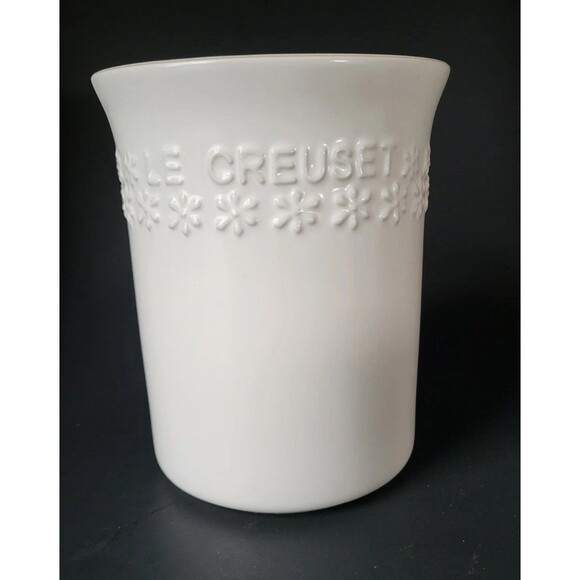 LE CREUSET "Fleur" Small Quart Size Utensil Crock Cotton White With Flowers - Picture 1 of 9